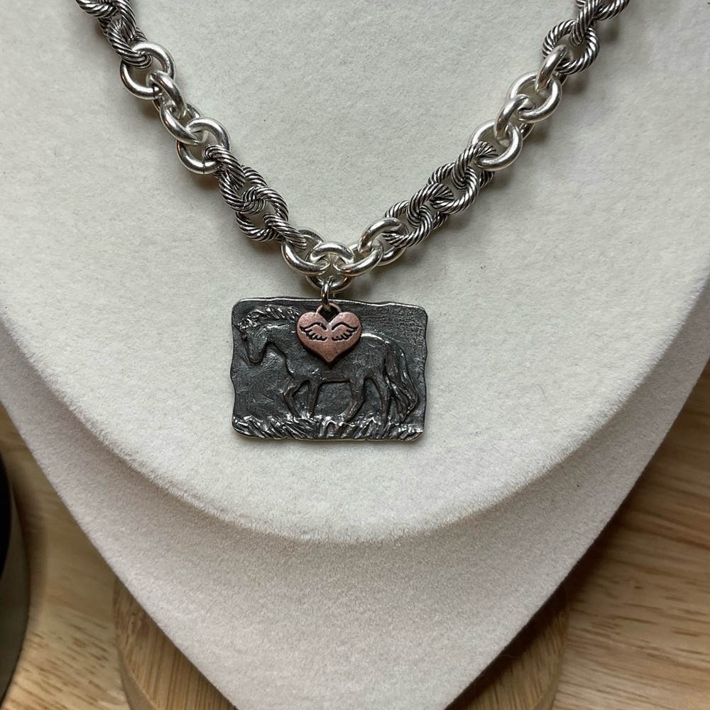 Antique Silver (Solid) Chain With Pewter Horse Ch… - image 3